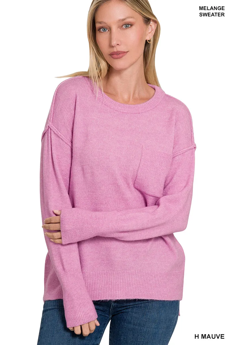 Mauve Melange Hi-Low Pocket Sweater