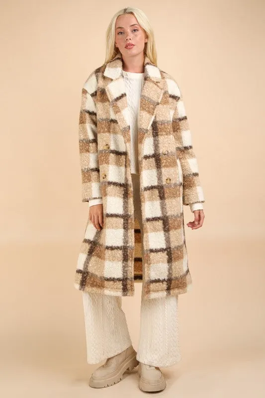 Mocha Mix Oversized Plaid Soft Fuzzy Button Down Long Coat