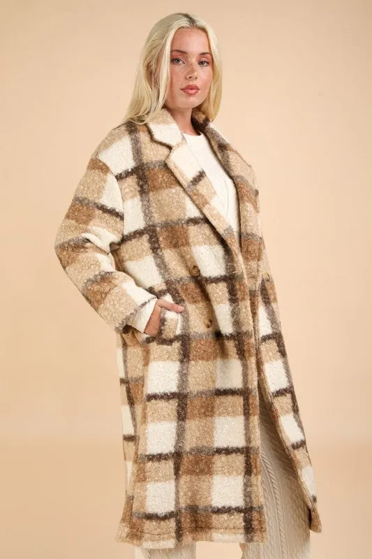 Mocha Mix Oversized Plaid Soft Fuzzy Button Down Long Coat