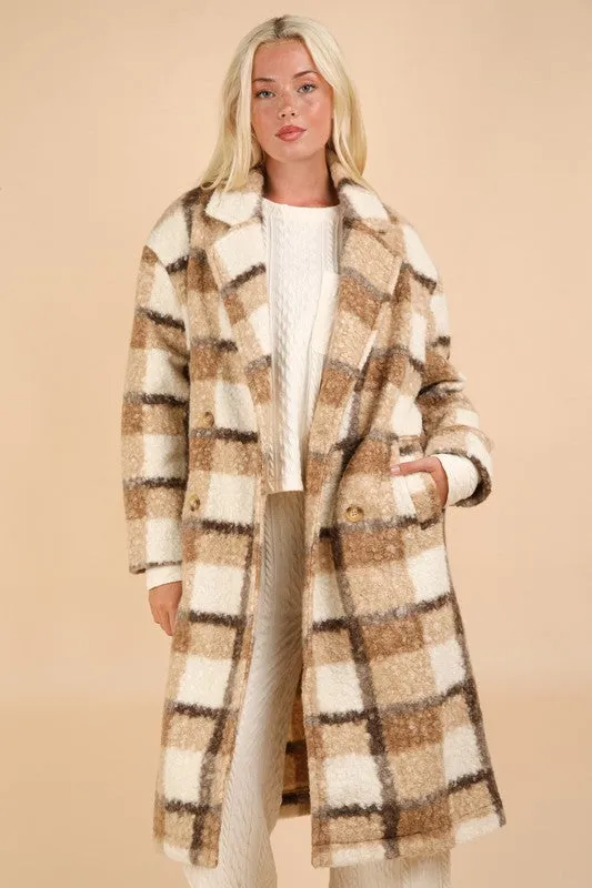 Mocha Mix Oversized Plaid Soft Fuzzy Button Down Long Coat