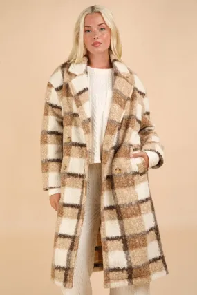 Mocha Mix Oversized Plaid Soft Fuzzy Button Down Long Coat