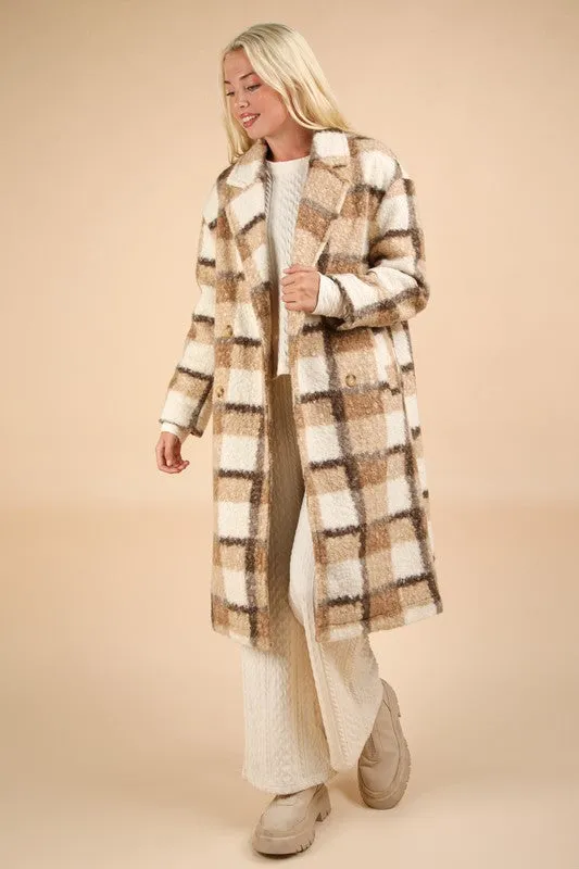 Mocha Mix Oversized Plaid Soft Fuzzy Button Down Long Coat