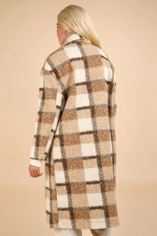 Mocha Mix Oversized Plaid Soft Fuzzy Button Down Long Coat