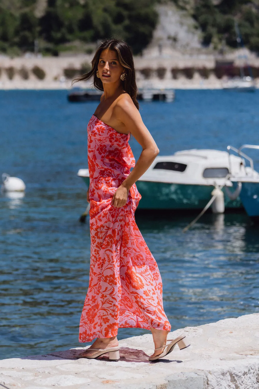 Mon Cheri Pink Floral Strapless Maxi Dress