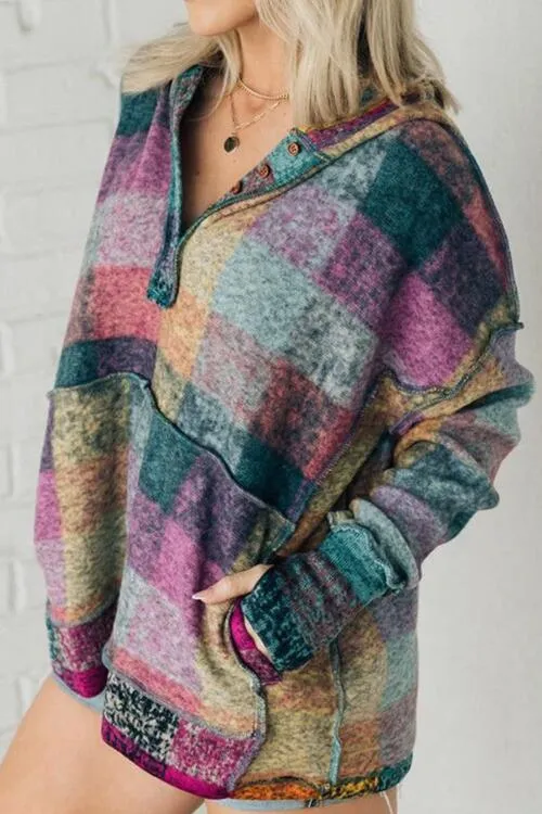 Multicolor Brushed Plaid Buttoned Pullover Oversized Hoodie