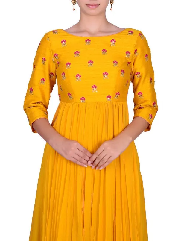 Mustard Kallidar Raw Silk Pitta Embroidered Top and Flare Palazzo Pants