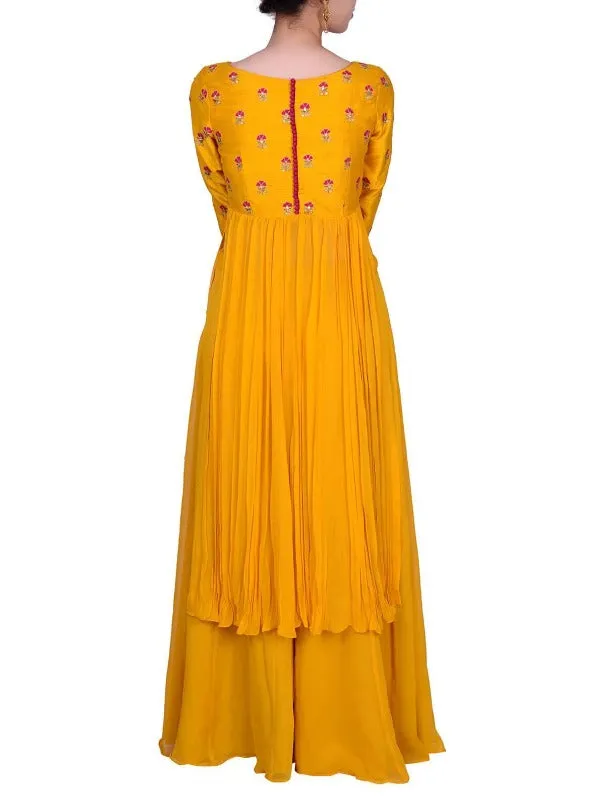 Mustard Kallidar Raw Silk Pitta Embroidered Top and Flare Palazzo Pants