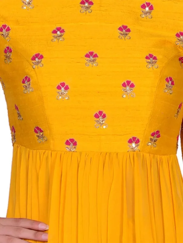 Mustard Kallidar Raw Silk Pitta Embroidered Top and Flare Palazzo Pants