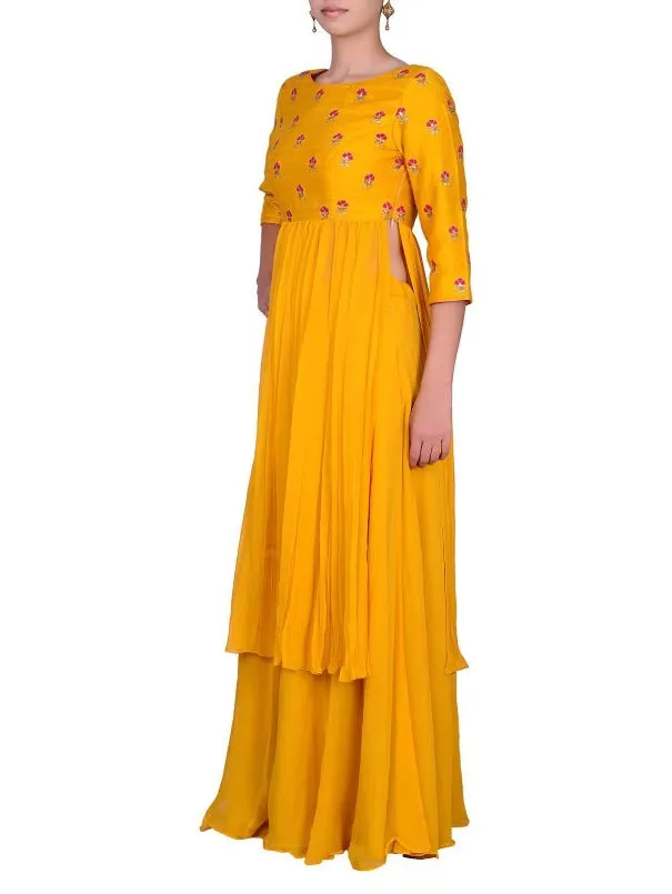 Mustard Kallidar Raw Silk Pitta Embroidered Top and Flare Palazzo Pants