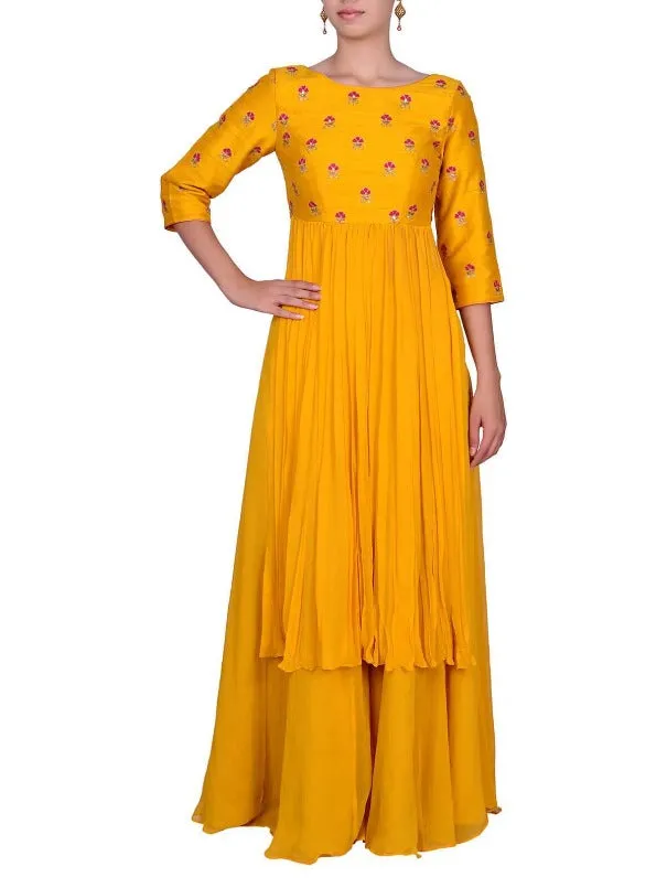 Mustard Kallidar Raw Silk Pitta Embroidered Top and Flare Palazzo Pants