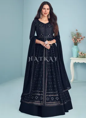 Navy Blue Embroidered Slit Style Designer Anarkali Lehenga