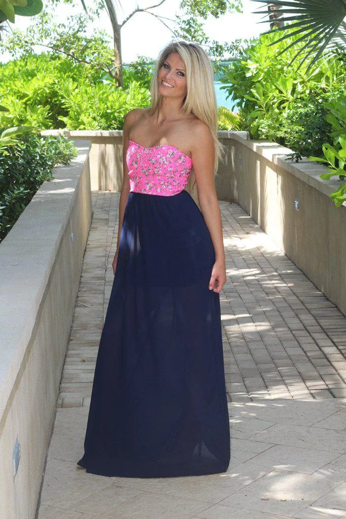 Navy Maxi Dress With Neon Pink Floral Top