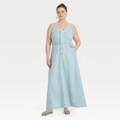 New - Universal Thread Women's Halter Summer Denim Maxi Dress