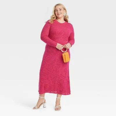 New - Women's Long Sleeve Maxi Pointelle Dress - A New Day Pink 3X