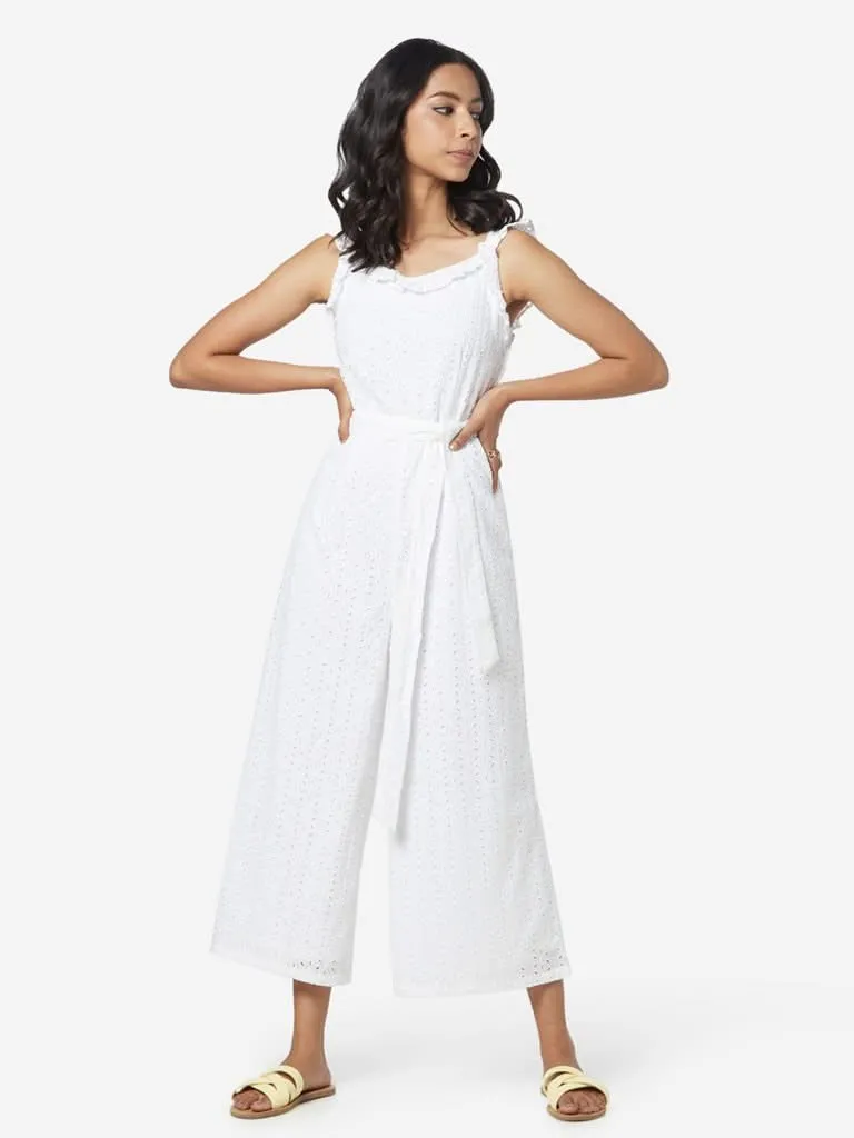 Nuon White Pence Cropped Jumpsuit With Belt