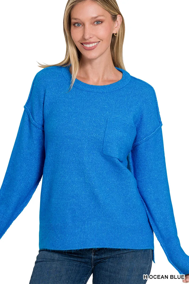 Ocean Blue Melange Hi-Low Pocket Sweater