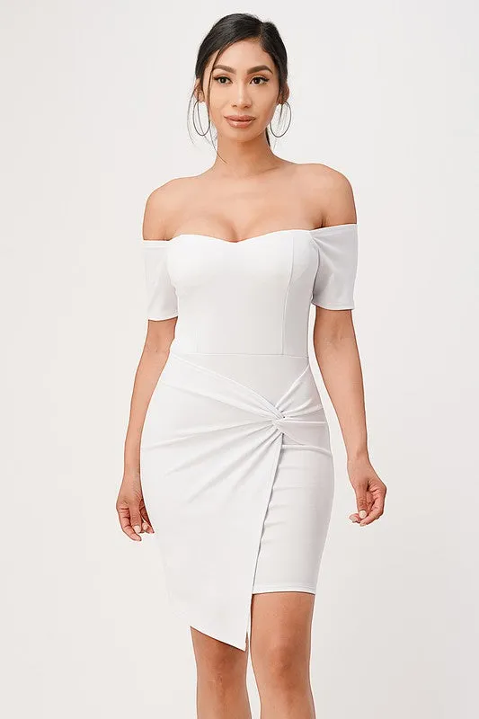 off the shoulder front twist bodycon dress