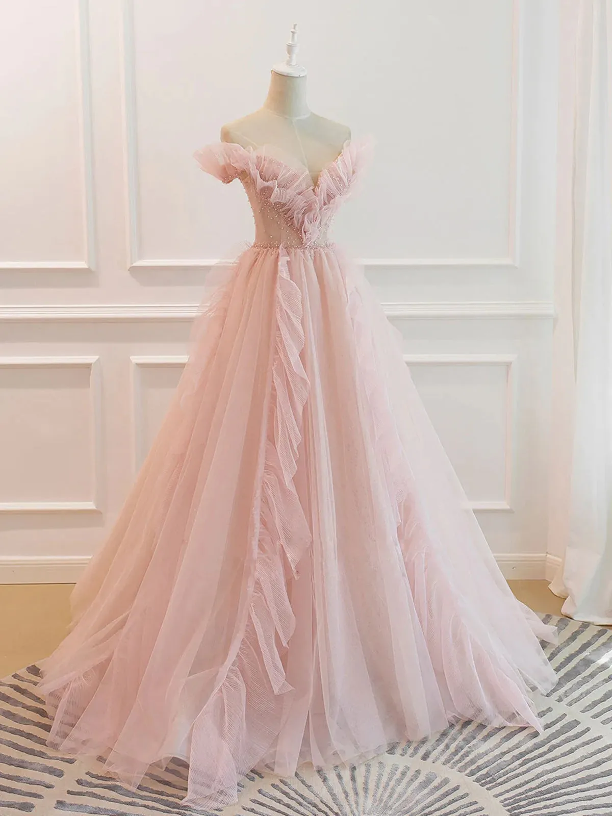 Off the Shoulder Pink Tulle Beaded Long Prom Dresses Pink Tulle Long Formal Dress