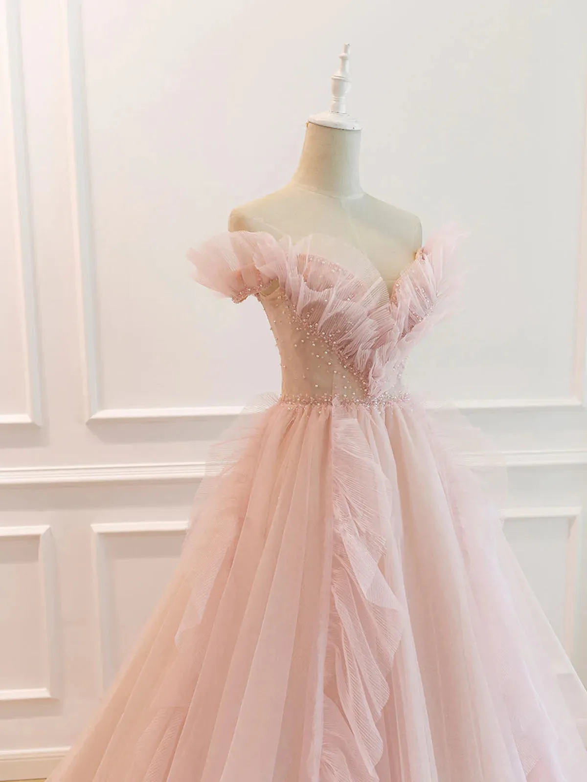 Off the Shoulder Pink Tulle Beaded Long Prom Dresses Pink Tulle Long Formal Dress