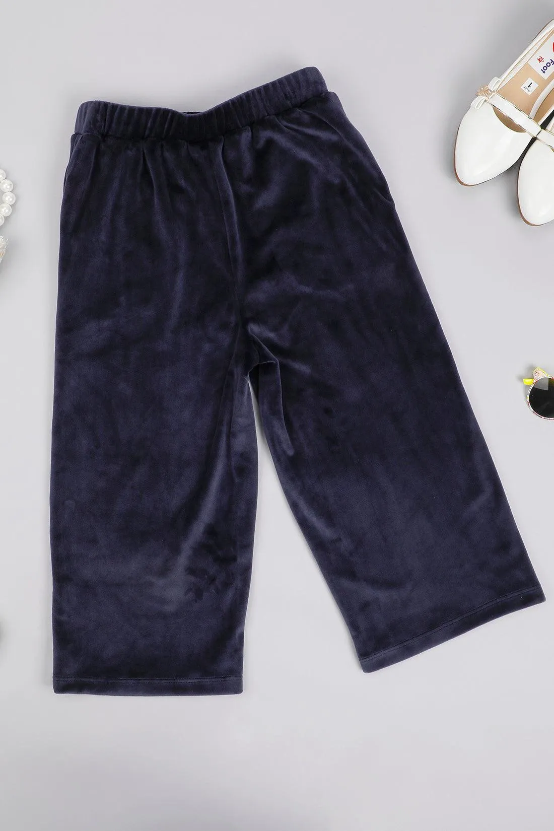 One Friday Kids Girls Navy Blue Solid Trouser