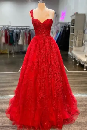 One Shoulder Red Prom Dress A-line Appliques Tulle Formal Evening Gowns