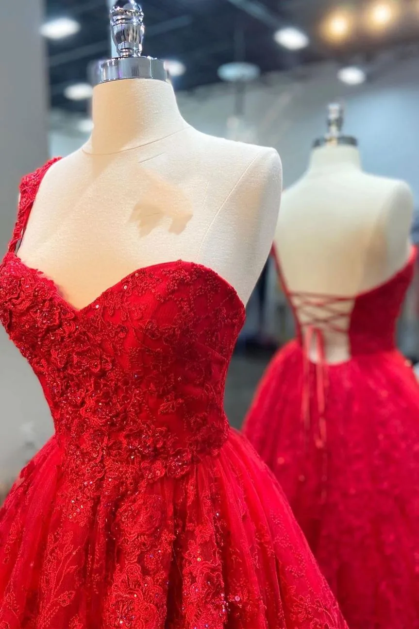 One Shoulder Red Prom Dress A-line Appliques Tulle Formal Evening Gowns