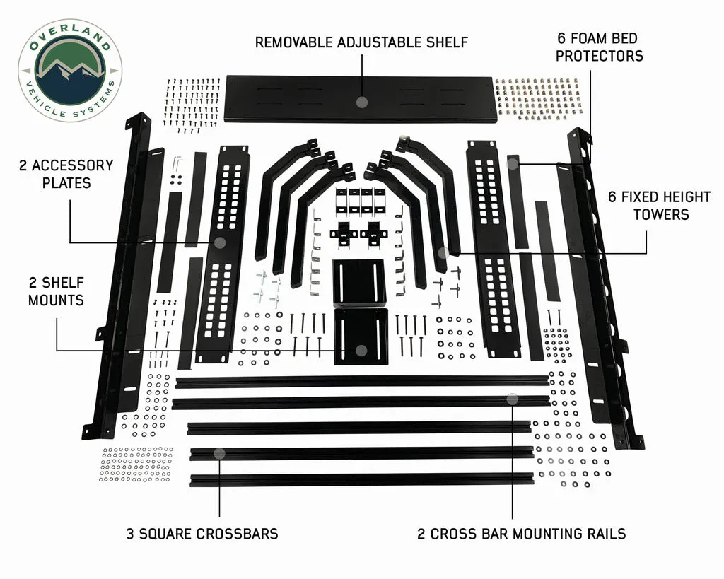 Overland Vehicle Systems Discovery Rack with Side Cargo Plates, w/ Front Cargo Tray System Kit Mid Size Truck Short Bed Application