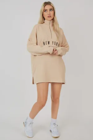 Oversize Half Zip Pullover Sweater Dress Stone