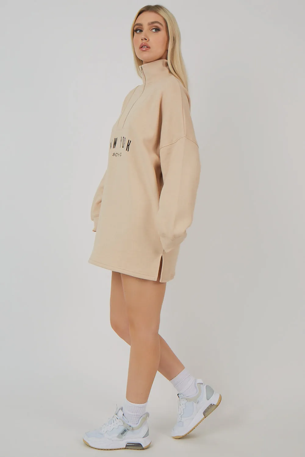 Oversize Half Zip Pullover Sweater Dress Stone