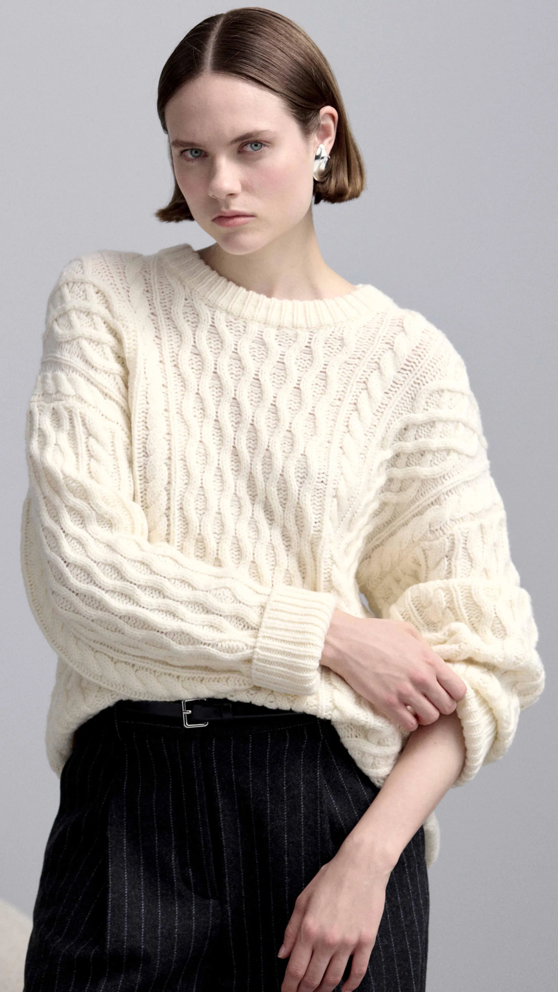 Oversized Cable Sweater in Wool Nylon | Cream