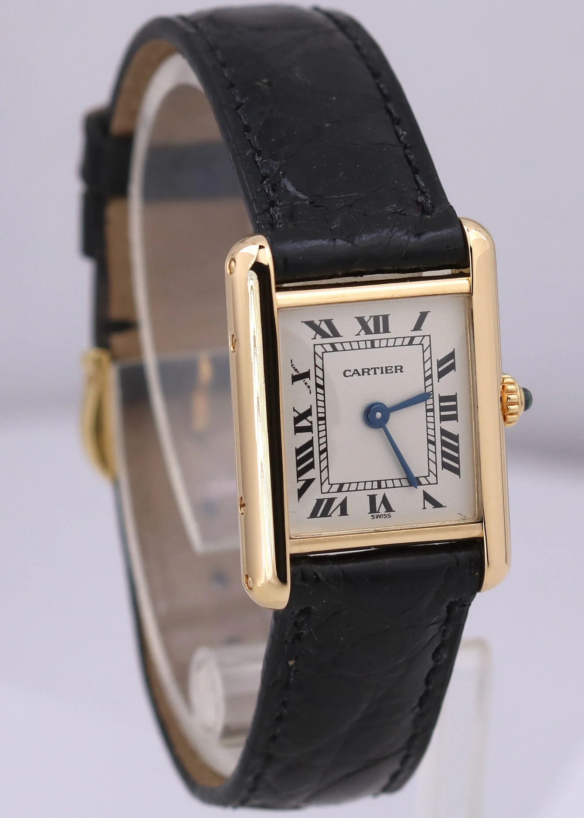 PAPERS Cartier Tank Classic Quartz 18k Yellow Gold White Roman Leather Watch BOX