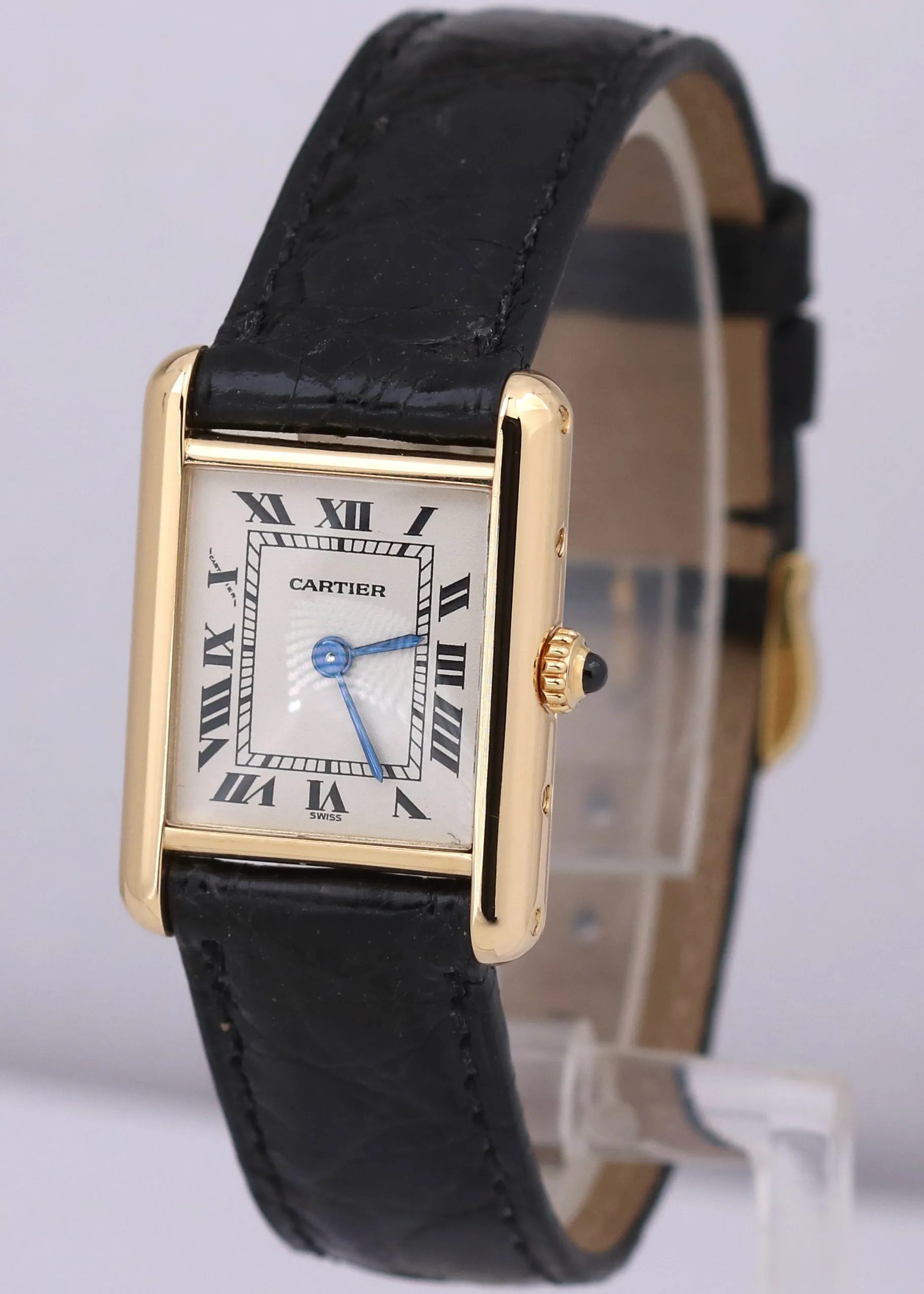 PAPERS Cartier Tank Classic Quartz 18k Yellow Gold White Roman Leather Watch BOX