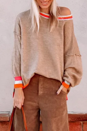 Parchment Striped Trim Drop Shoulder Sweater