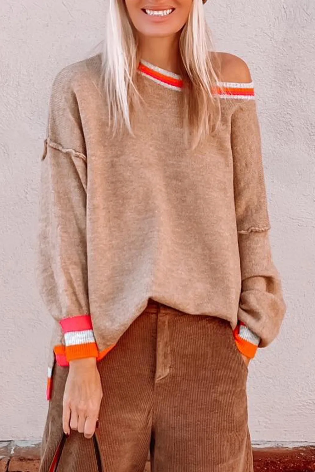 Parchment Striped Trim Drop Shoulder Sweater