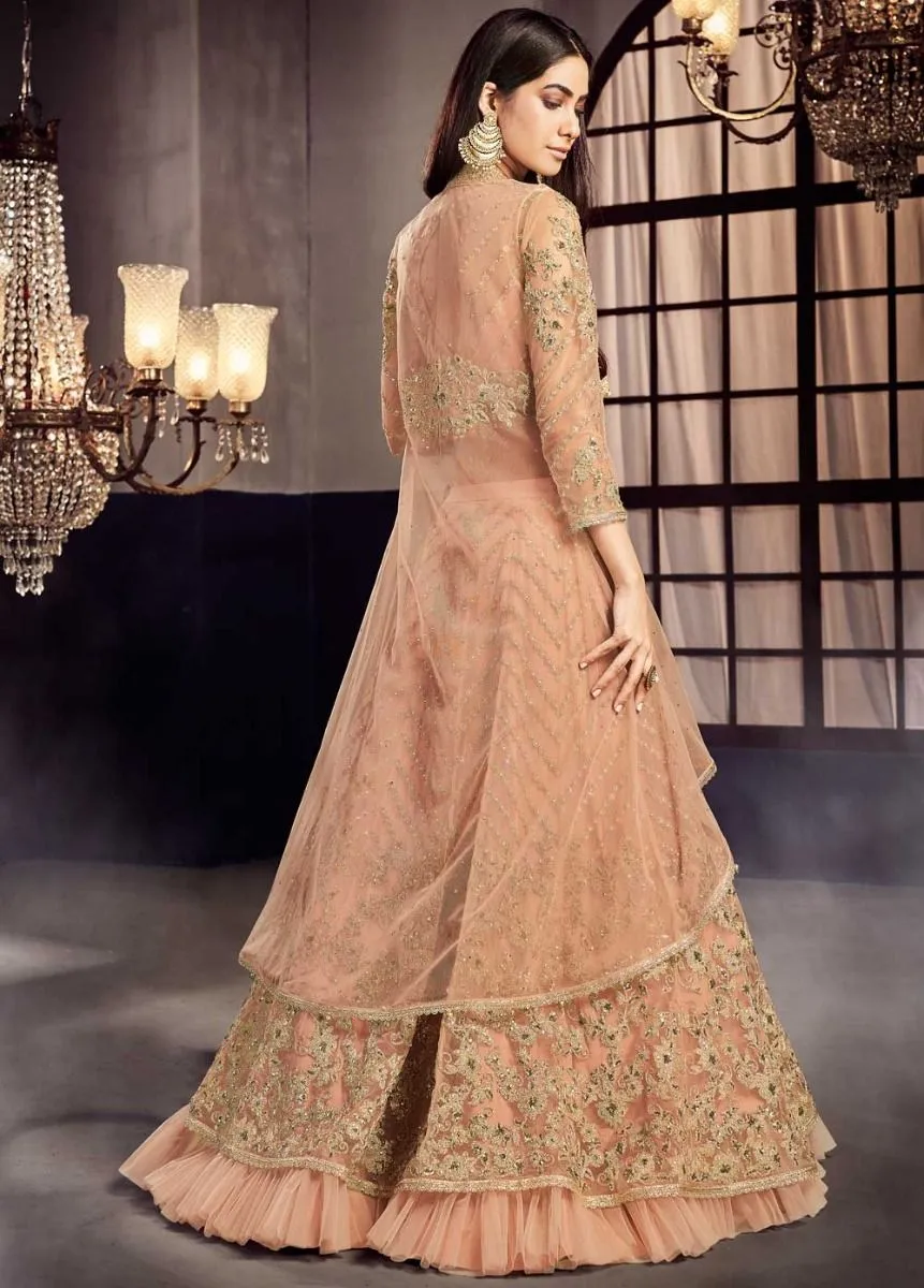 Peach Golden Embroidered Designer Lehenga Suit