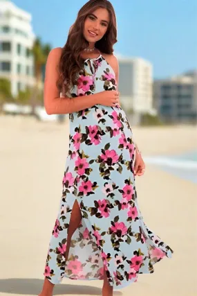 Peach Love Floral Halter Racer Maxi Dress - Blue Fuchsia