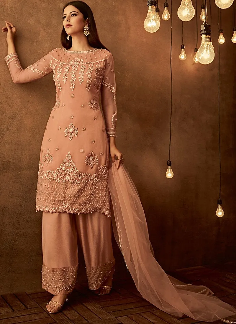 Peach Traditional Embroidered Palazzo Pant Suit