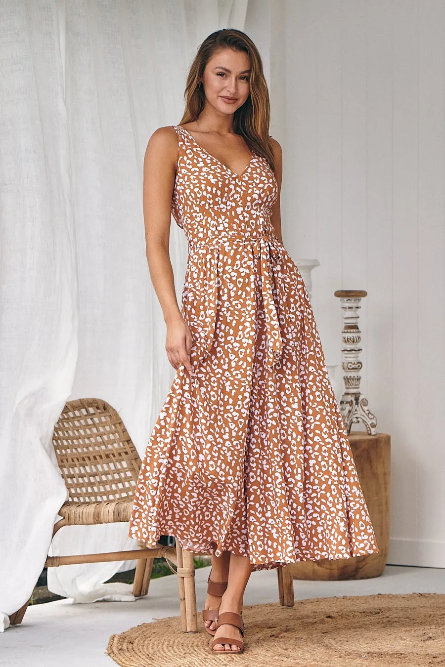 Pepper Tan Animal Print Tie Waist Maxi Dress