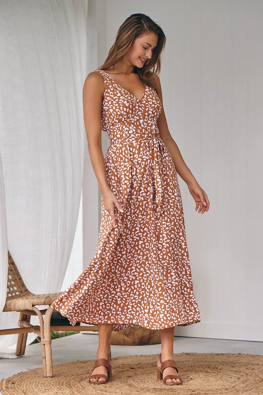 Pepper Tan Animal Print Tie Waist Maxi Dress