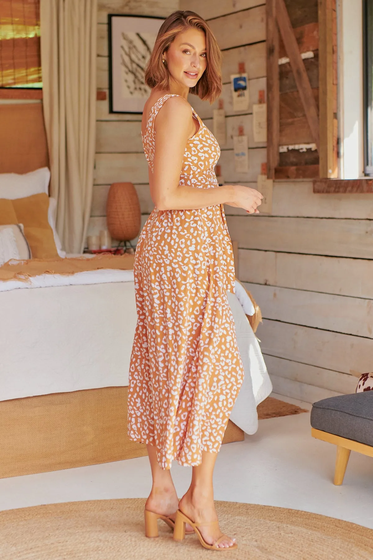 Pepper Tan Animal Print Tie Waist Maxi Dress