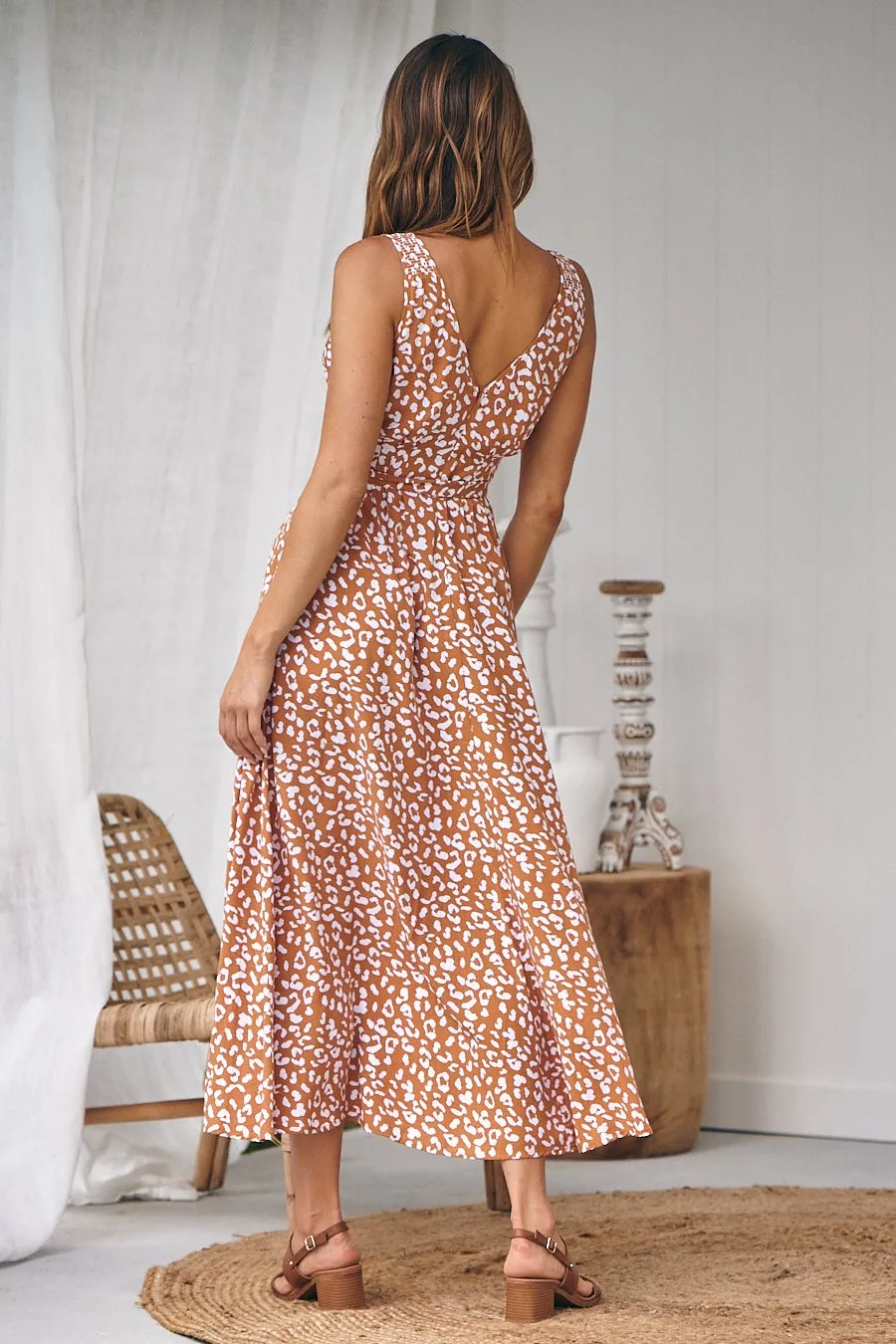 Pepper Tan Animal Print Tie Waist Maxi Dress