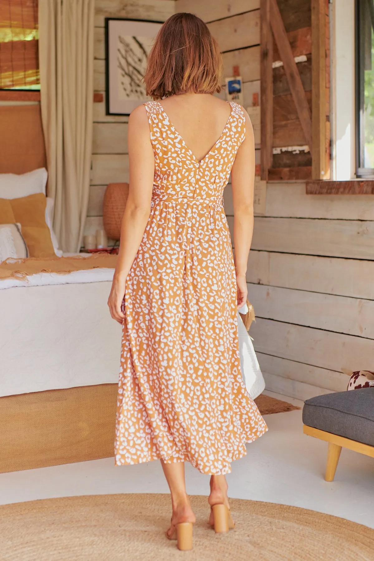 Pepper Tan Animal Print Tie Waist Maxi Dress