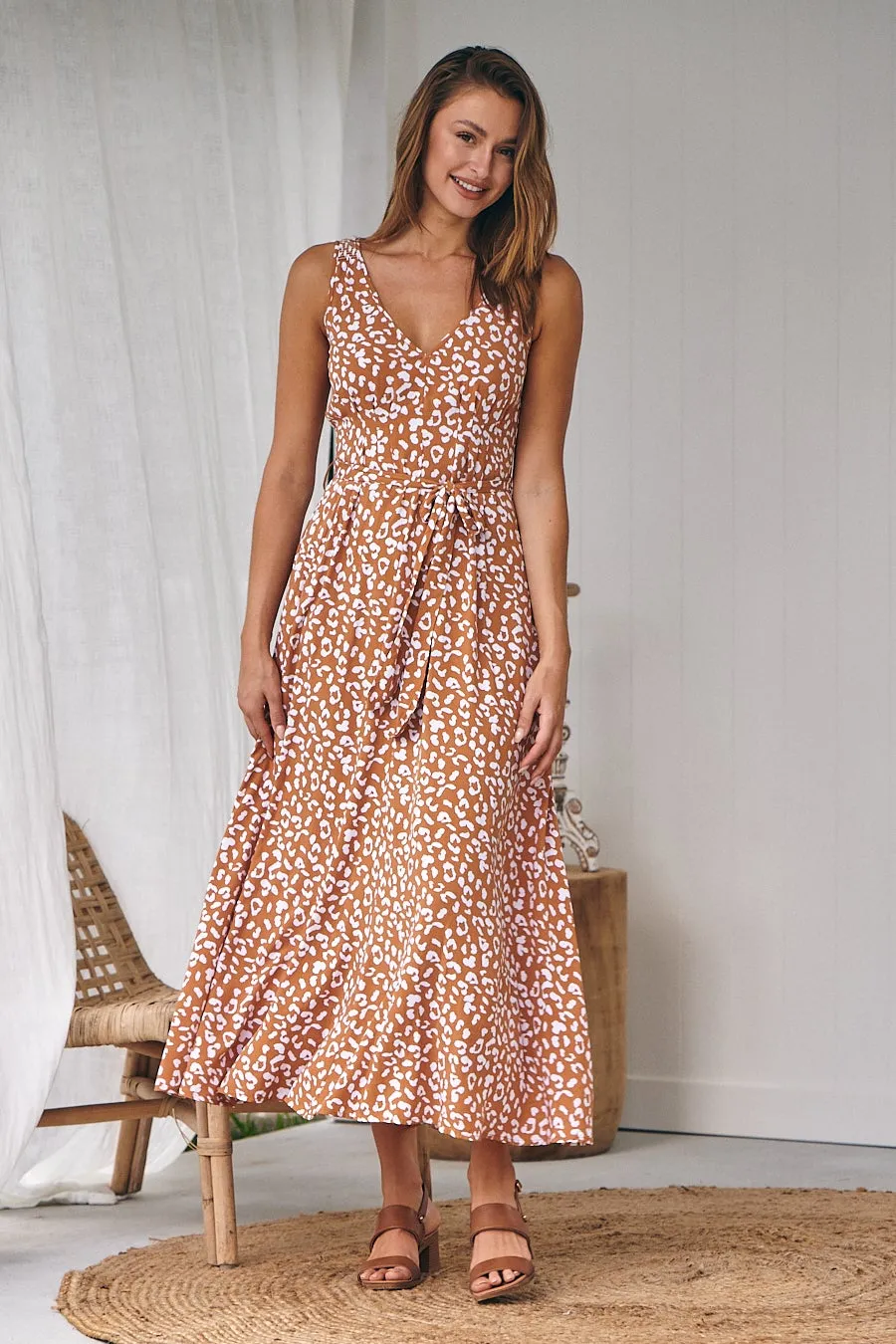 Pepper Tan Animal Print Tie Waist Maxi Dress