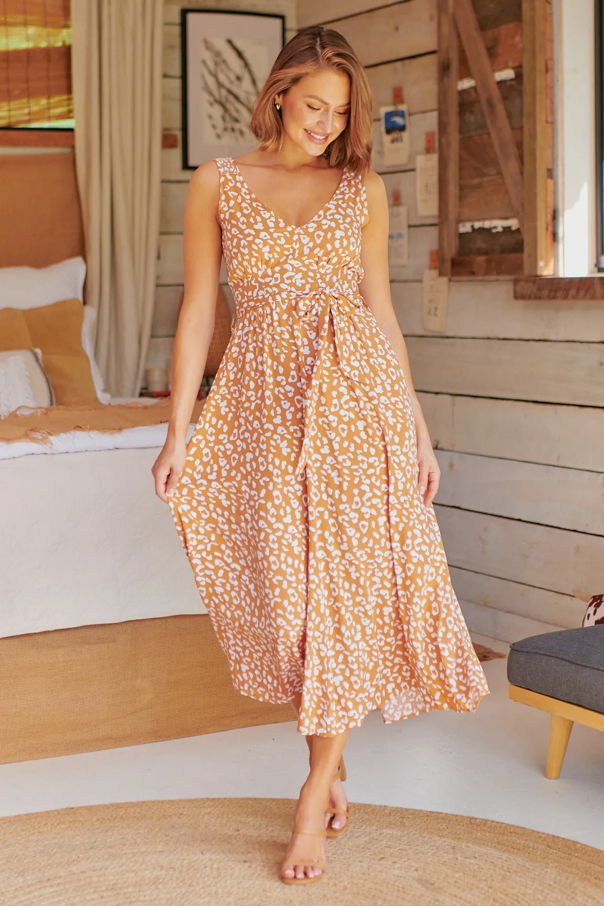 Pepper Tan Animal Print Tie Waist Maxi Dress