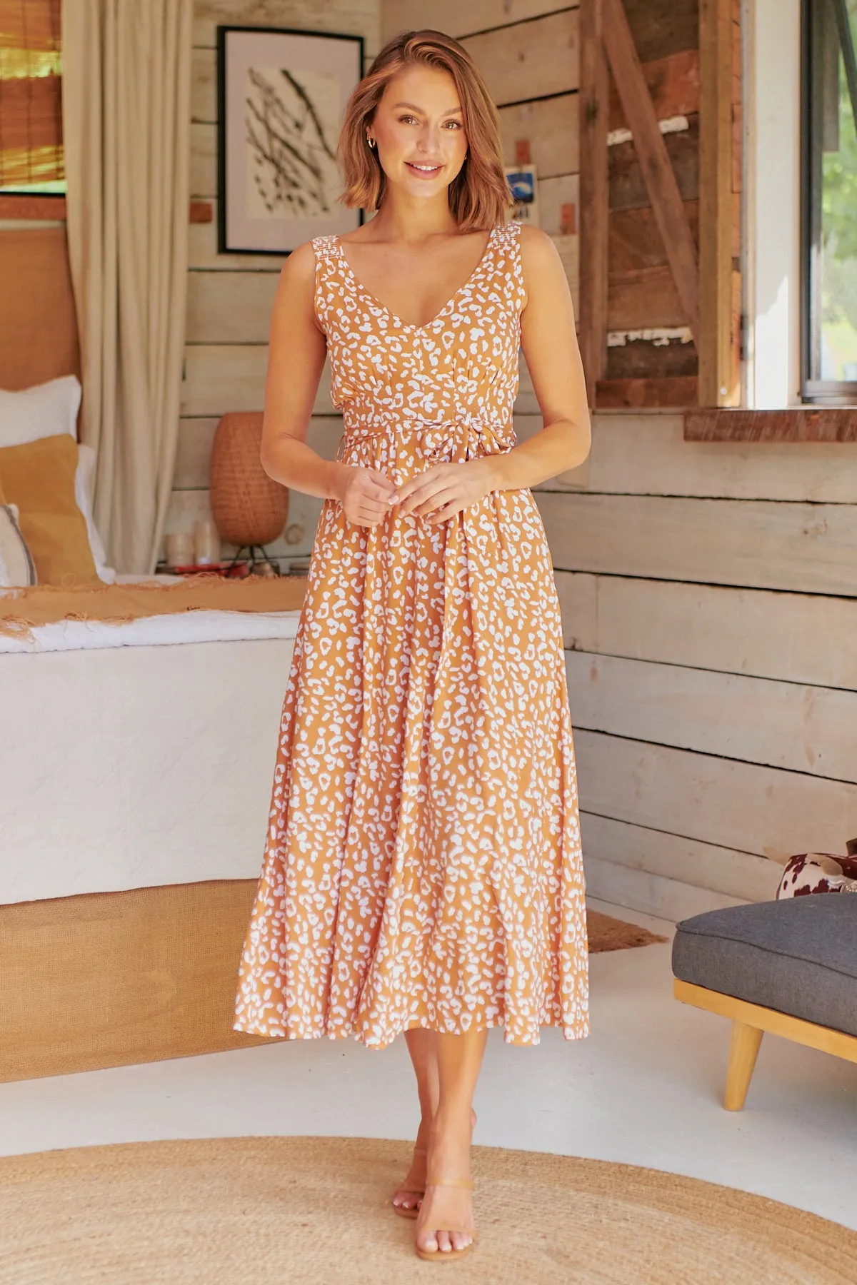 Pepper Tan Animal Print Tie Waist Maxi Dress