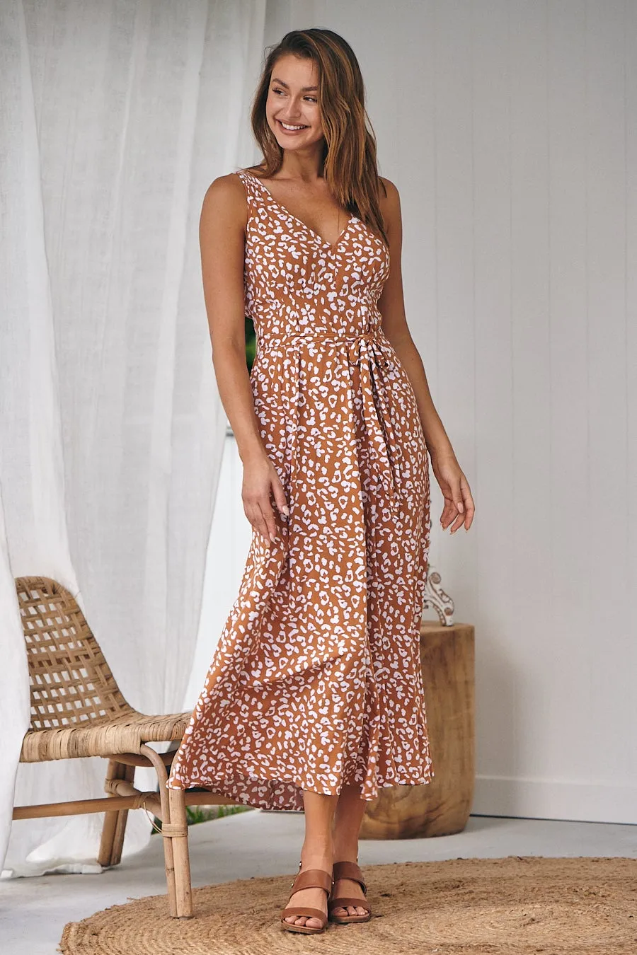 Pepper Tan Animal Print Tie Waist Maxi Dress