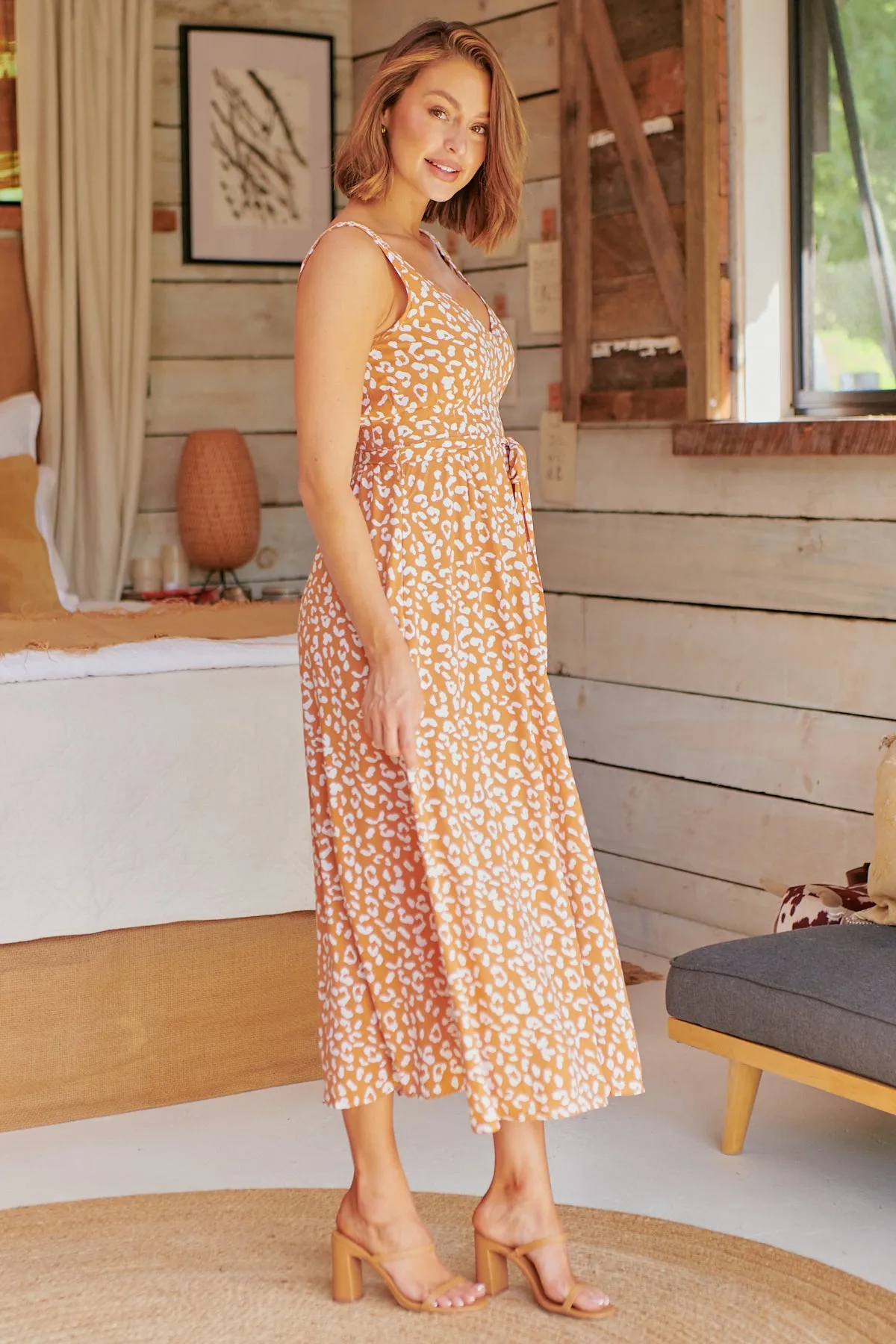 Pepper Tan Animal Print Tie Waist Maxi Dress