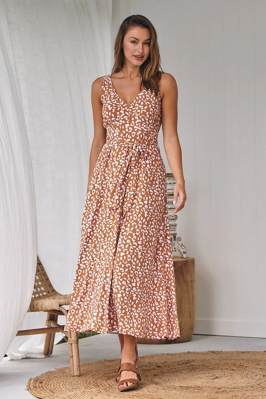 Pepper Tan Animal Print Tie Waist Maxi Dress