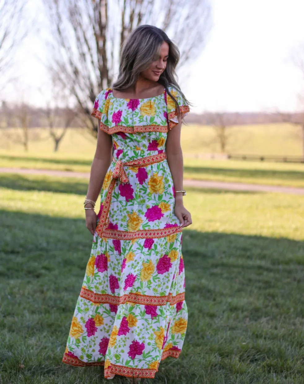 Pink Petal Tiered Off the Shoulder Maxi Dress