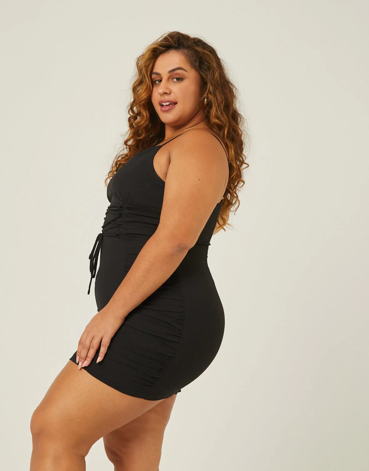 Plus Size Lace Up Ruched Mini Dress